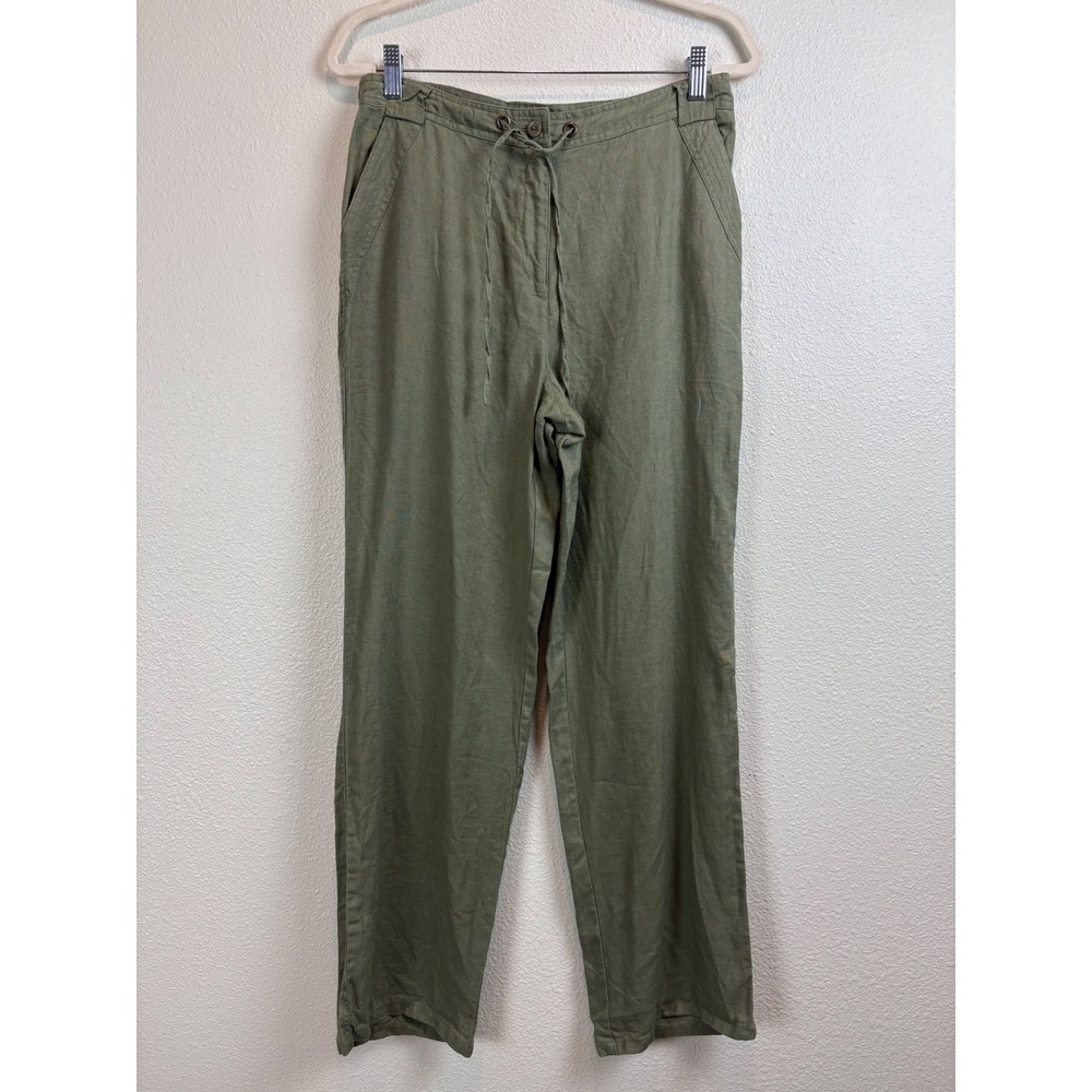 JM Collection Womens Olive Green 100% Linen Wide Leg Drawstring Pants Size 10